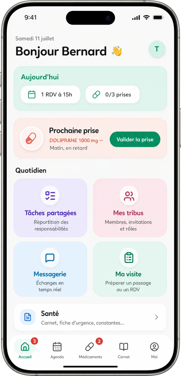 Écran d'accueil de l'application Tribulys : bonjour Bernard, rendez-vous et prises du jour, tâches partagées, messagerie et raccourci santé