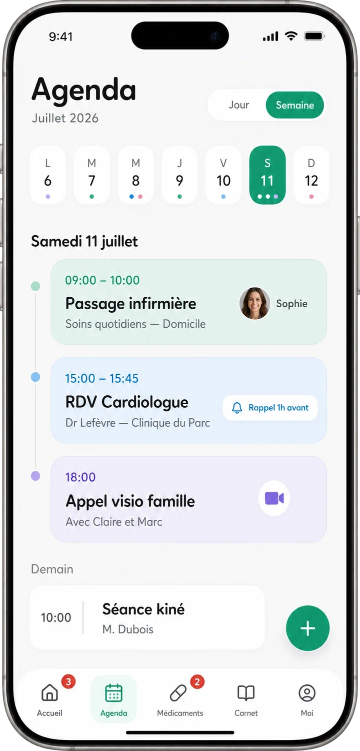 Agenda partagé Tribulys : samedi 11 juillet avec passage infirmière, RDV cardiologue et appel visio famille, rappel une heure avant