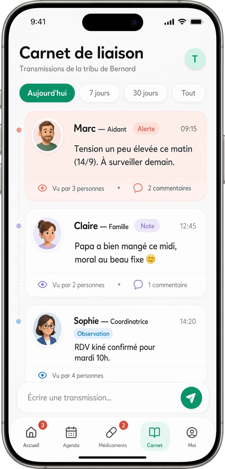 Carnet de liaison Tribulys : transmissions datées et signées de Marc, Claire et Sophie, avec alerte tension, réactions et commentaires