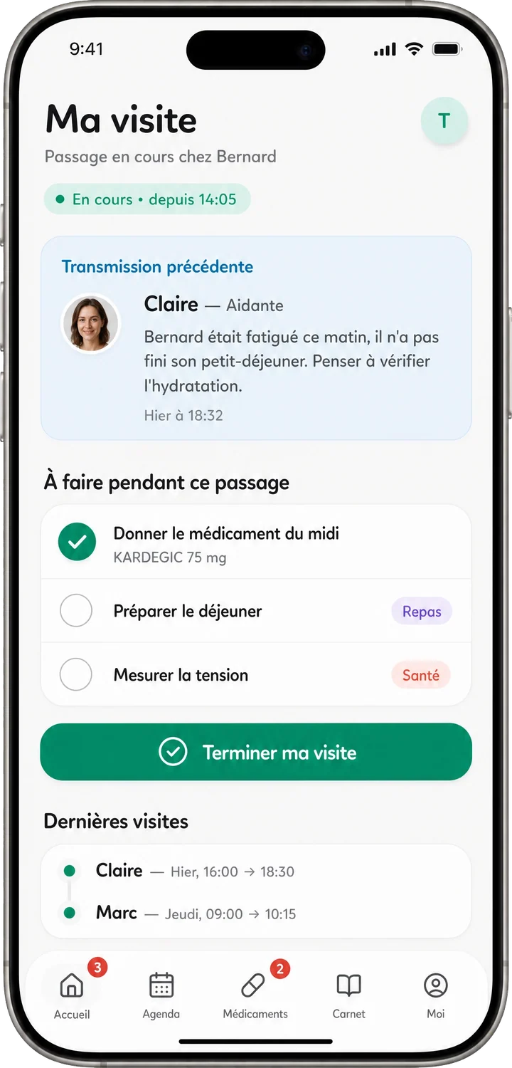 Ma visite Tribulys : passage en cours chez Bernard, transmission précédente de Claire, gestes à faire et bouton terminer ma visite
