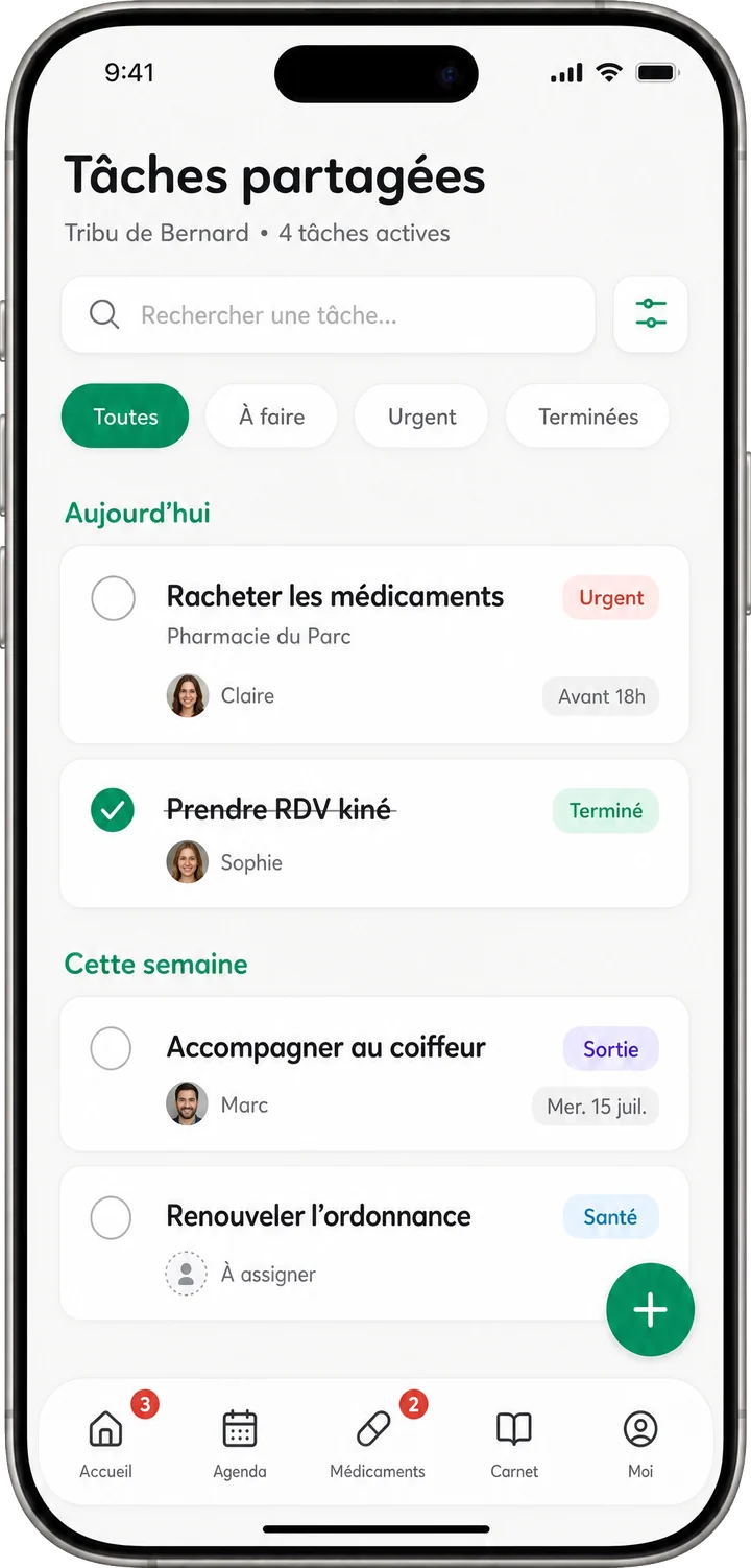 Tâches partagées Tribulys : racheter les médicaments assigné à Claire avant 18h, prendre RDV kiné terminé, accompagner au coiffeur assigné à Marc