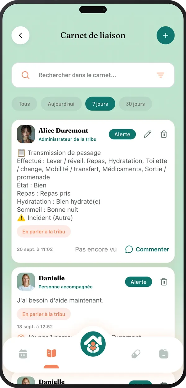 Carnet de liaison Tribulys : transmission de passage d'Alice et alerte de Danielle, entrées datées avec statut vu et bouton commenter