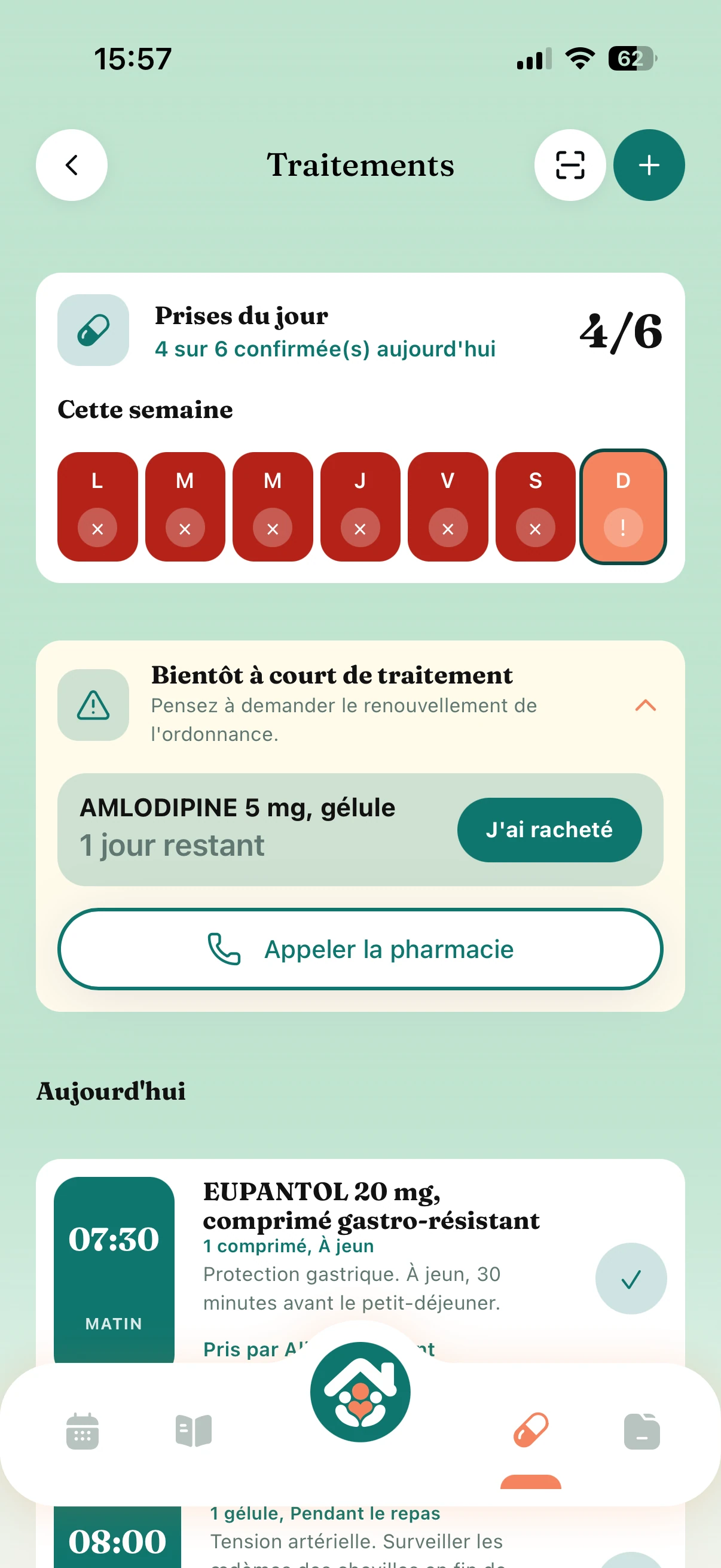 Traitements Tribulys : 4 prises sur 6 confirmées aujourd'hui, alerte de renouvellement d'ordonnance et bouton appeler la pharmacie