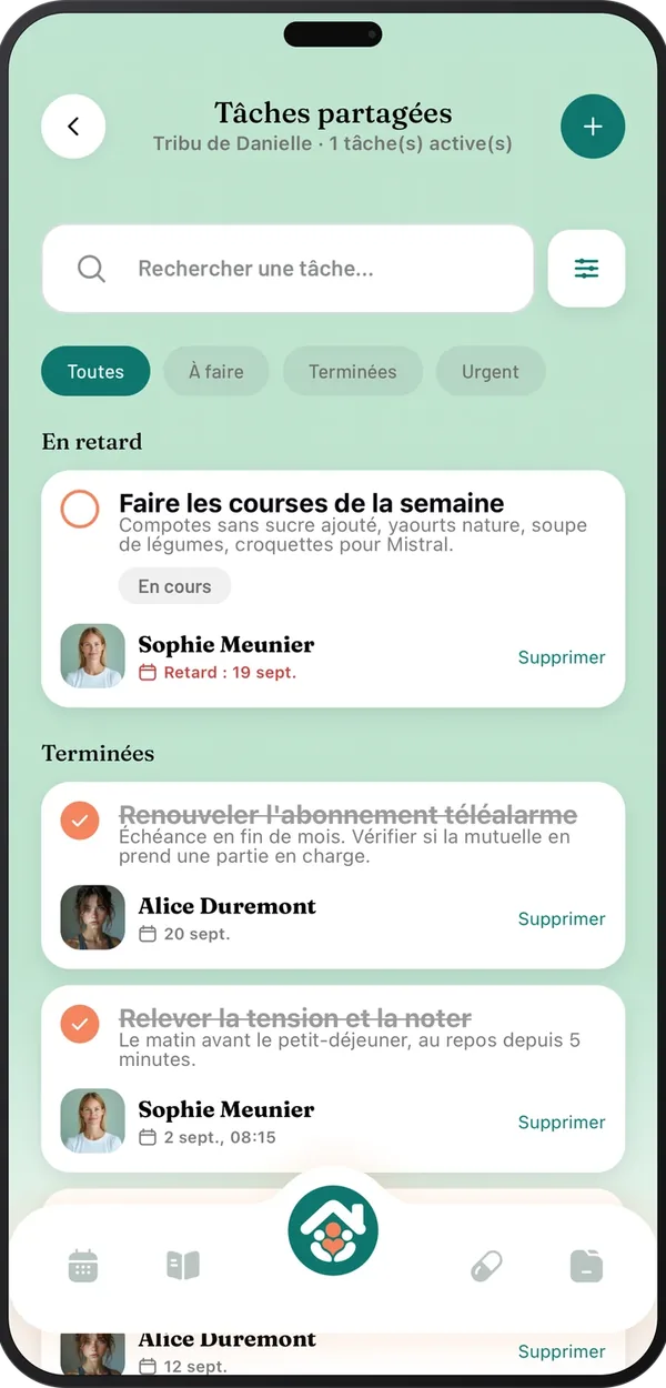 Tâches partagées Tribulys avec responsables, échéances et tâches terminées